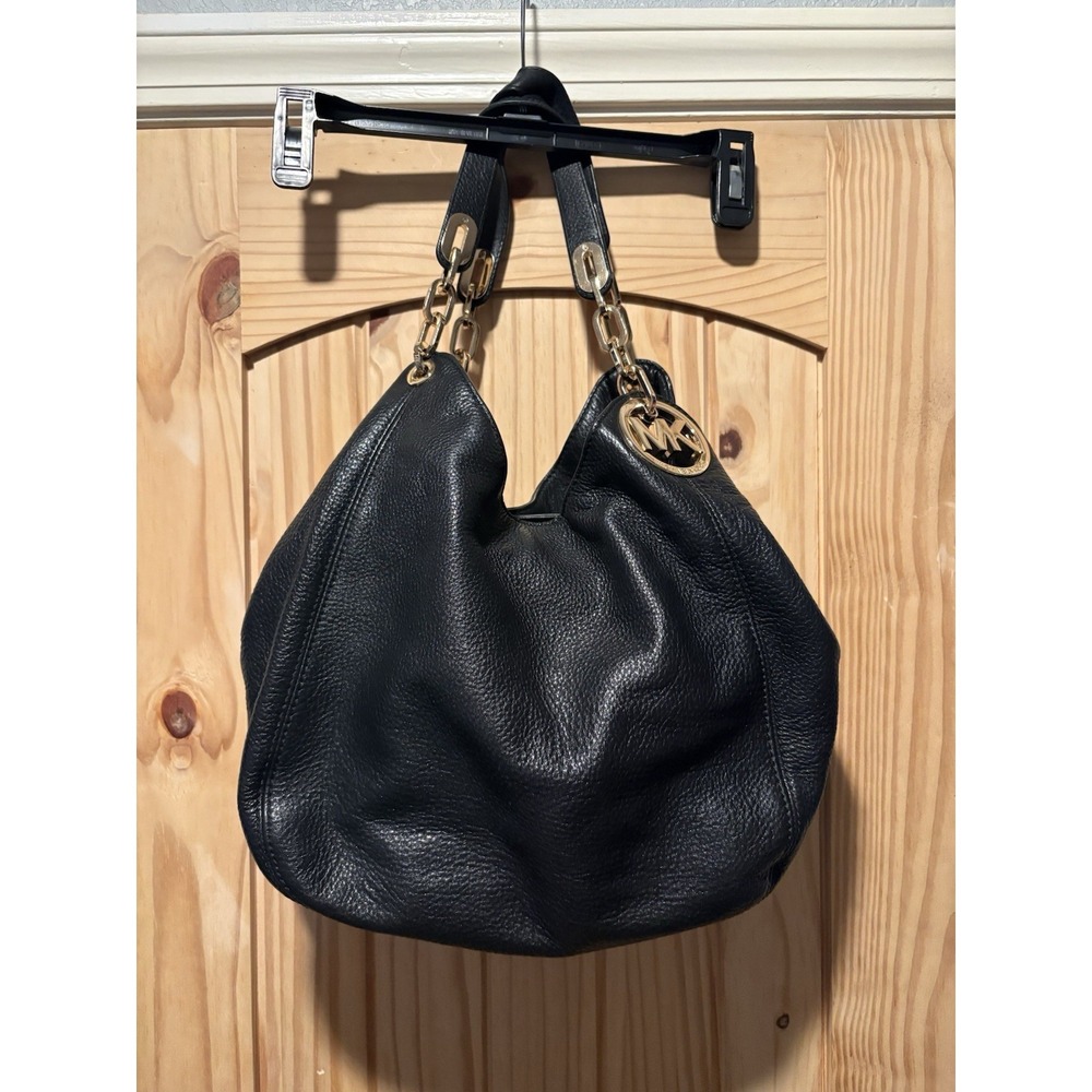 Michael Kors Black Pebbled Leather Fulton Hobo Bag Gold Chain Shoulder Purse